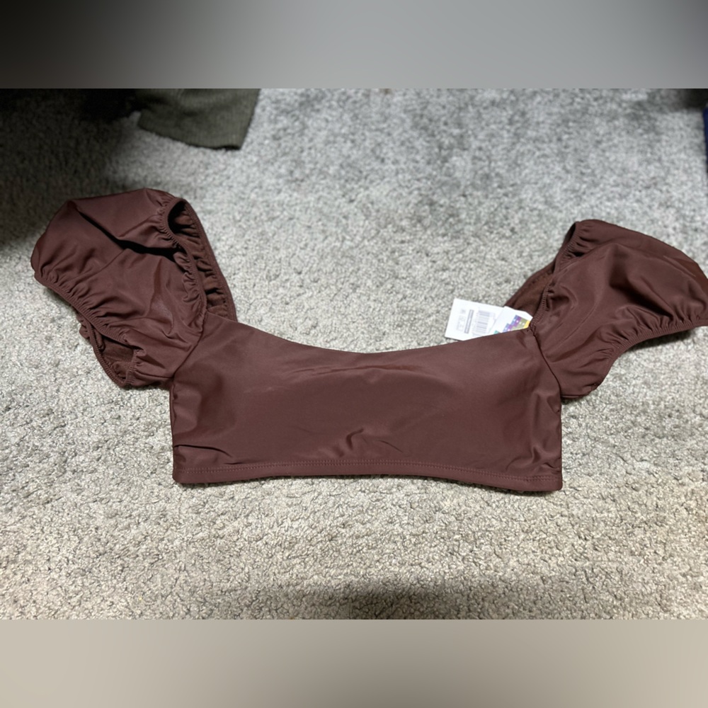 Time and Tru brown puff-sleeve swimsuit top
